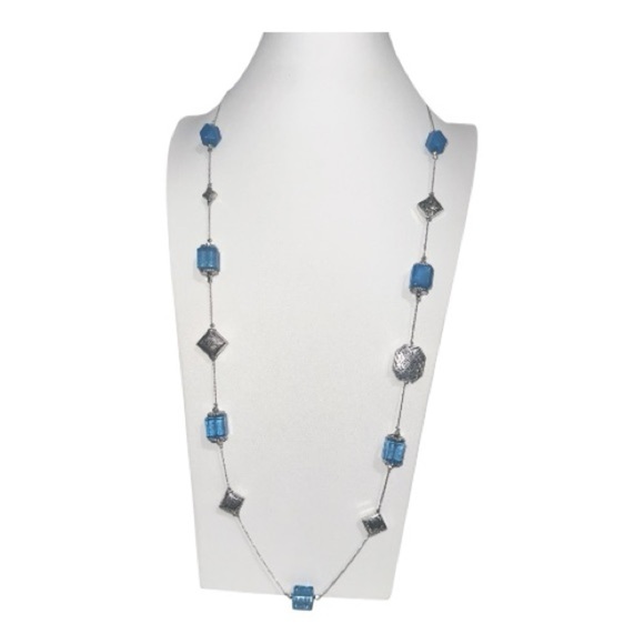 Jewelry - Long Blue Resin Bead Station Necklace | Silver Tone Boho Style